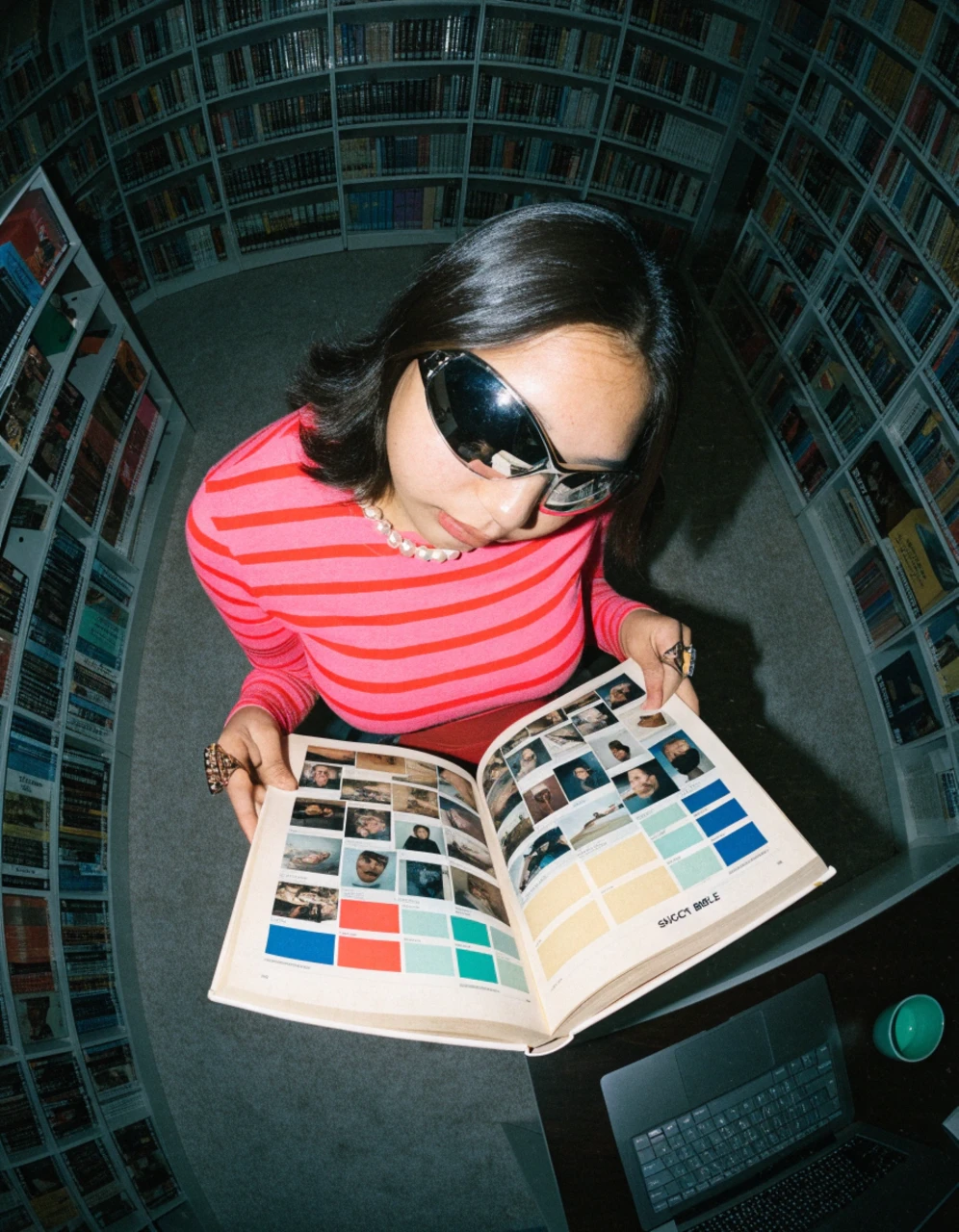 A woman in a striped top and silver sunglasses reading an open shoot bible full of photos and color swatches in a library