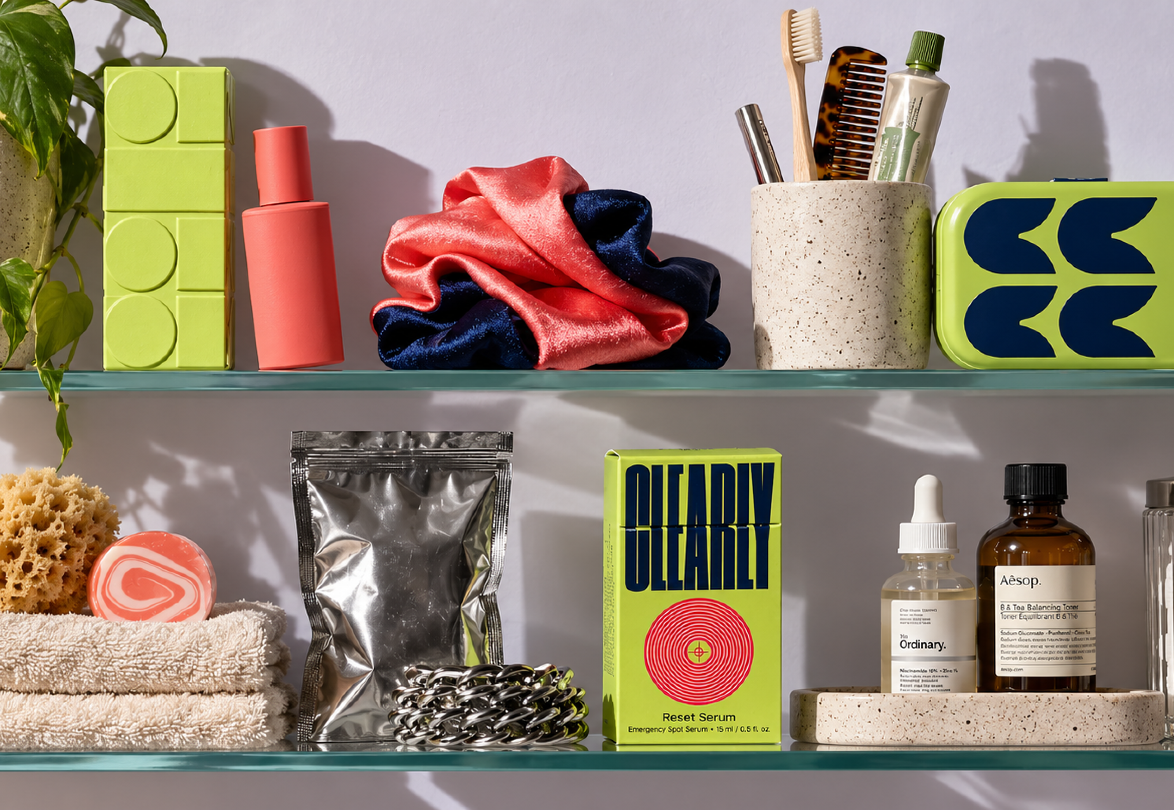 Clearly, a bathroom shelf of products with a Clearly pack among them