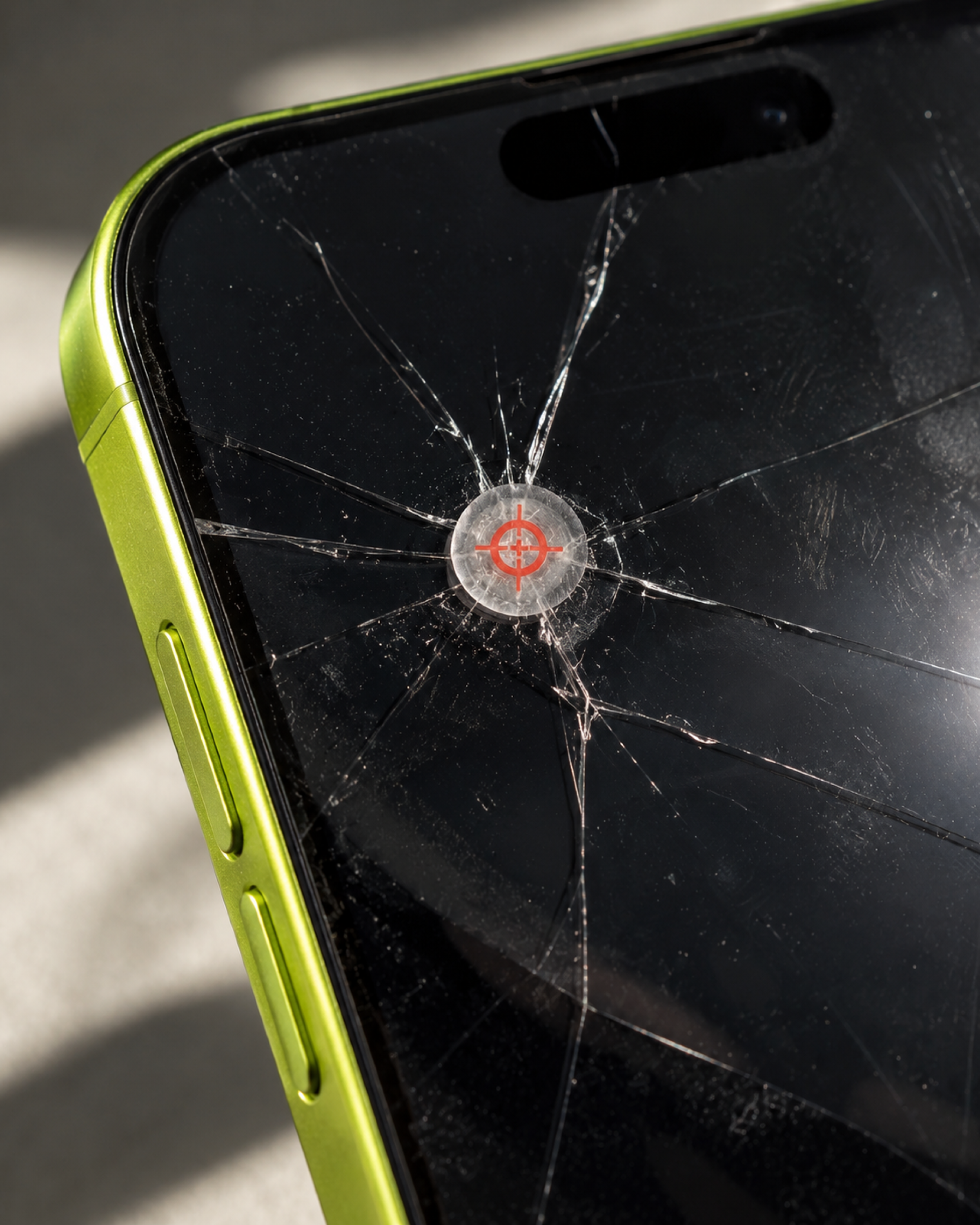 Clearly, a cracked phone screen with a target on the break