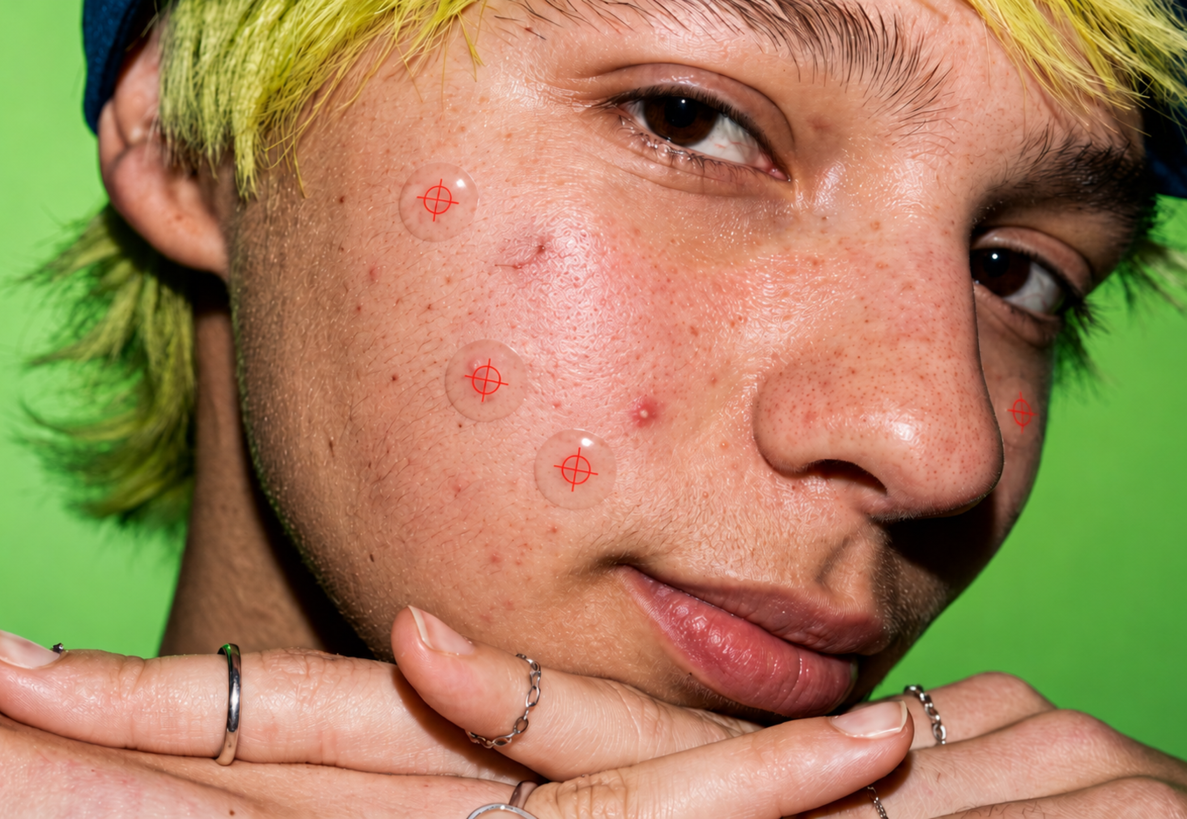 Clearly, a teen with lime hair and spots resting their face on their hands