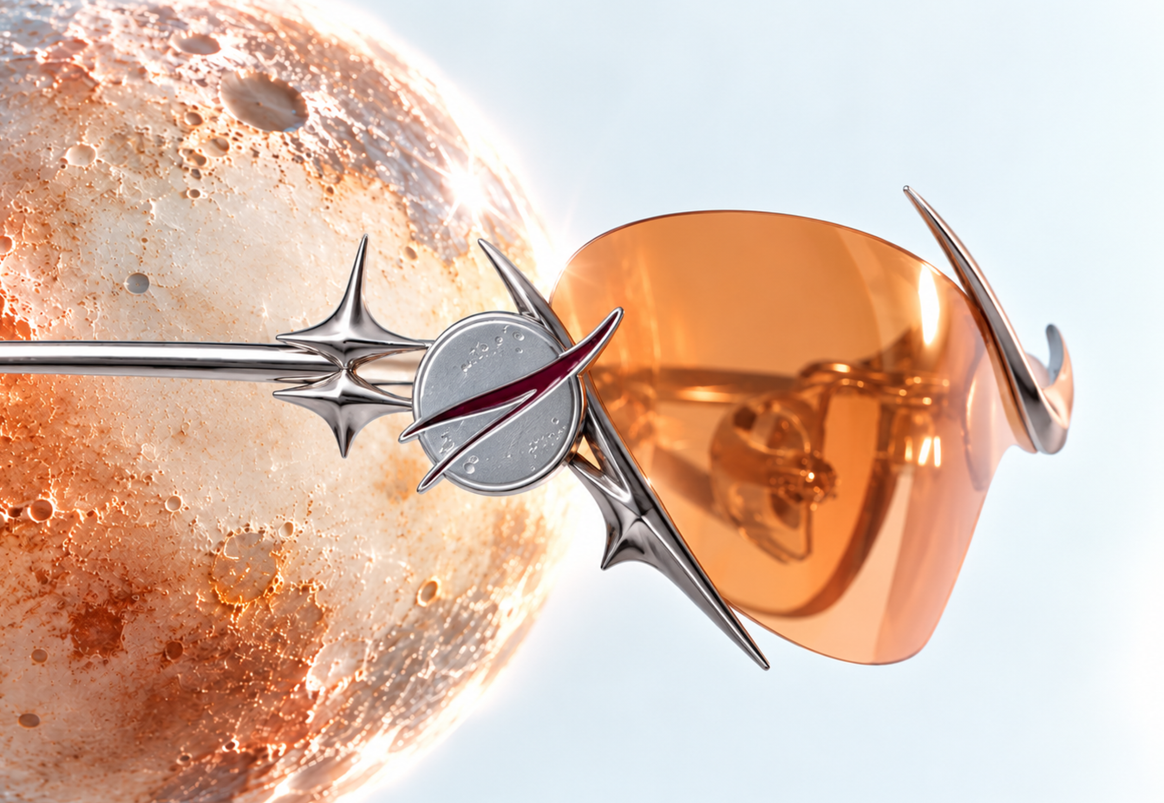 Gentle Moonster, chrome glasses floating against a warm peach ground