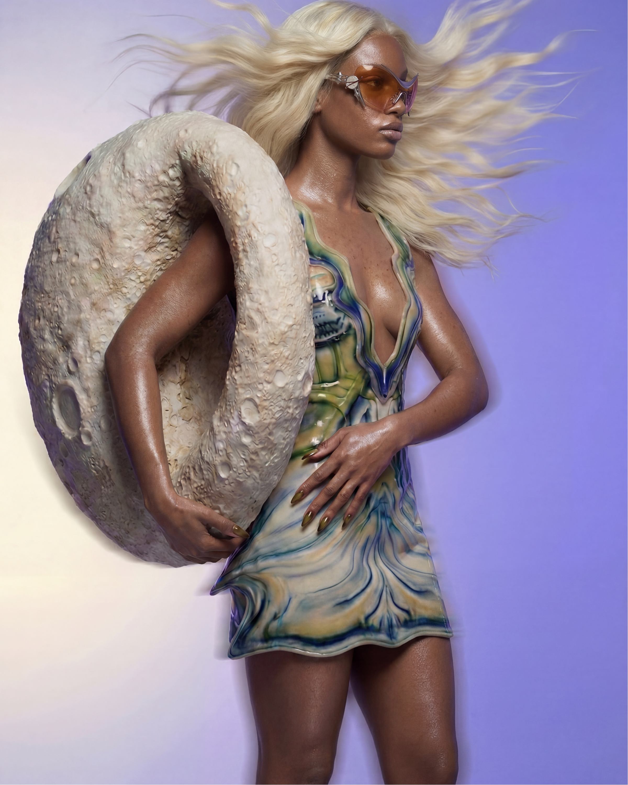 Gentle Moonster, a blonde model posing with a large sculptural ring