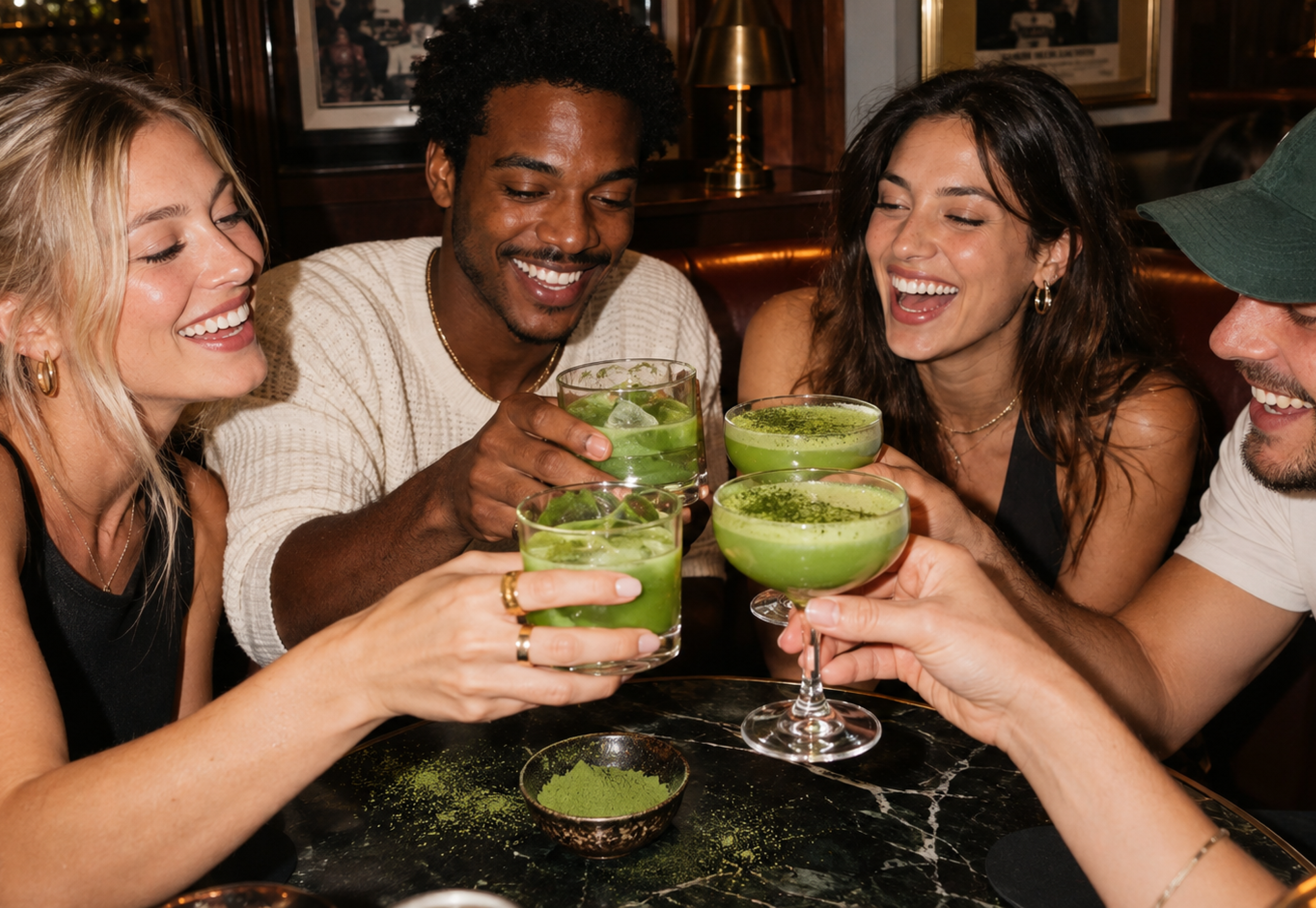 NAMI, friends laughing and toasting with green drinks at a bar table