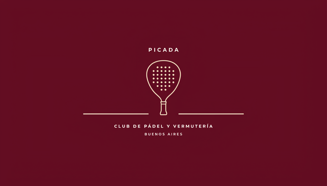 Picada, the racket logo and Club de Pádel y Vermutería lockup in cream on burgundy
