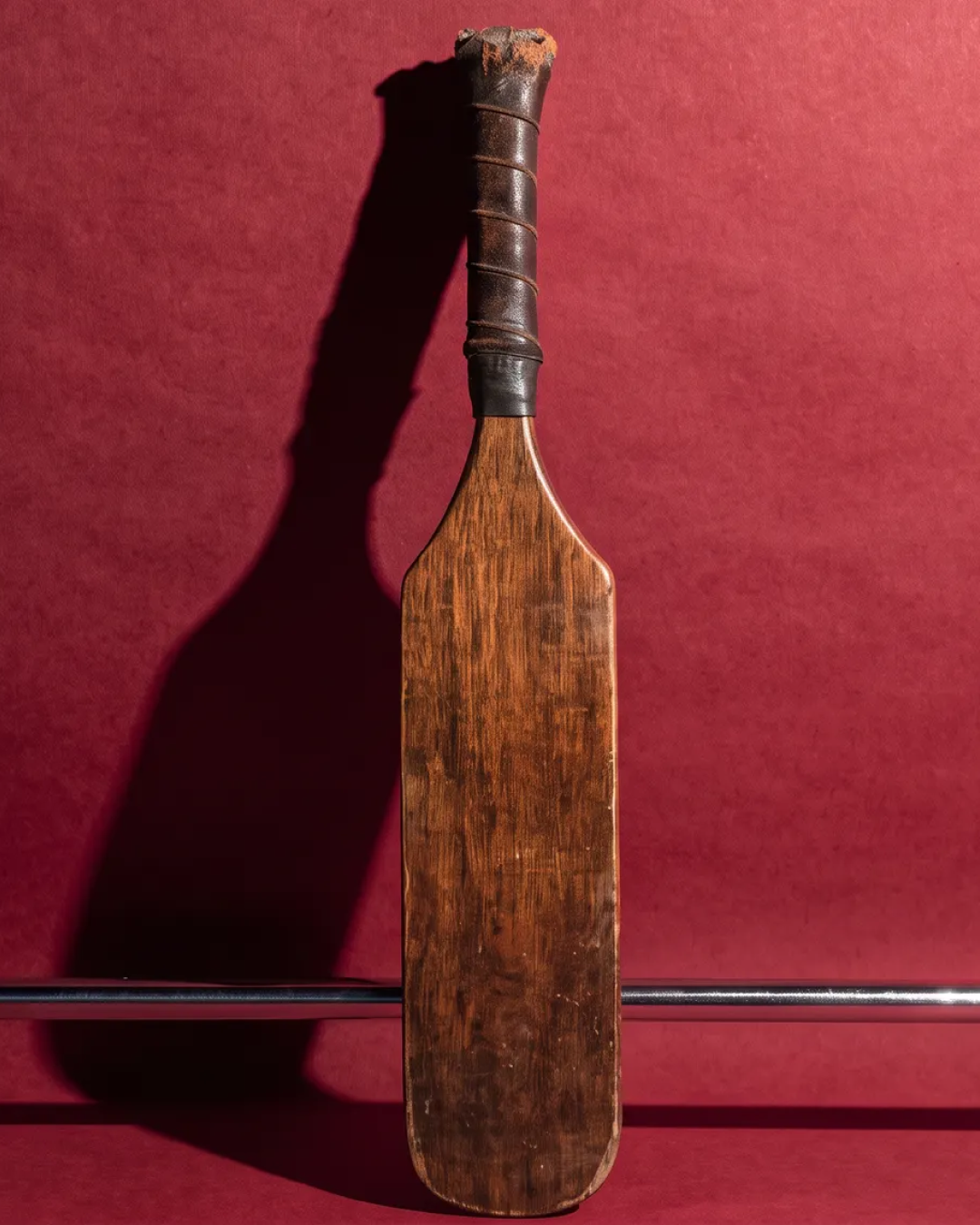 Picada, a vintage wooden paddle standing against a red wall