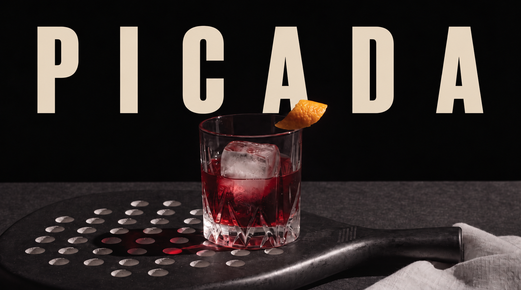 Picada, a negroni on a padel racket in front of the Picada wordmark